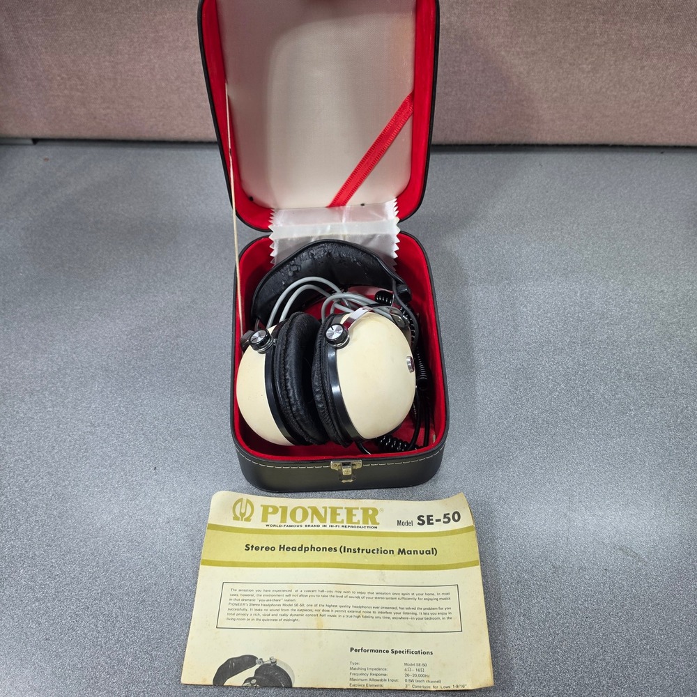 Pioneer SE-50 Headphones Cream Fair Vintage Hi-Fi Stereo Case Manual